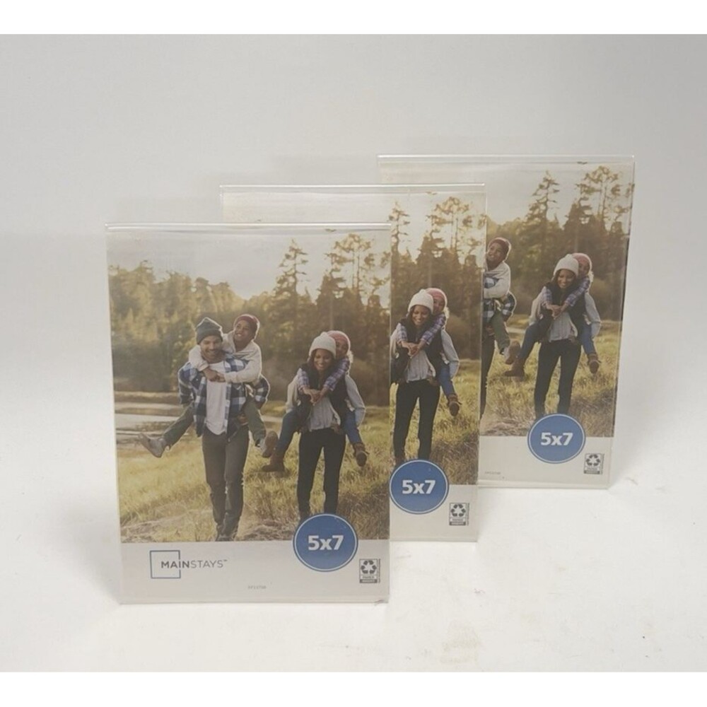 New Main Stays- Lot of 3 Clear Plastic Stand Alone 5x7 Picture Frames